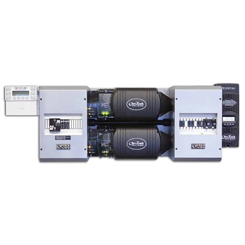 (image for) Outback Power, FP2 FXR2524A-01, FLEXpower TWO 5.0 kW, 24 VDC solution, dual FXR2524A-01, prewired AC & DC boxes with AC bypass 250 Amp DC breakers, PNL-GFDI-80D and 80 Amp PV breaker, HUB 10.3, RTS, FLEXnet DC, surge protectors plus two FLEXmax 80 MPPT controllers, MATE3s and brackets. Listed to UL1741-SA