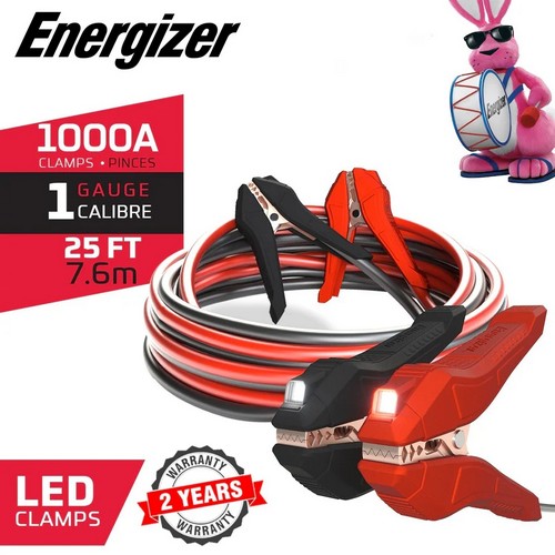 (image for) Energizer, ENL125, EXTRA LONG 1 Gauge 25 Foot booster battery cables WITH LED LIGHTED CLAMPS. Industrial grade copper clad aluminum booster cables, Remains flexible even at -40?C, PVC coated insulated clamps, 1000 Amp Capacity