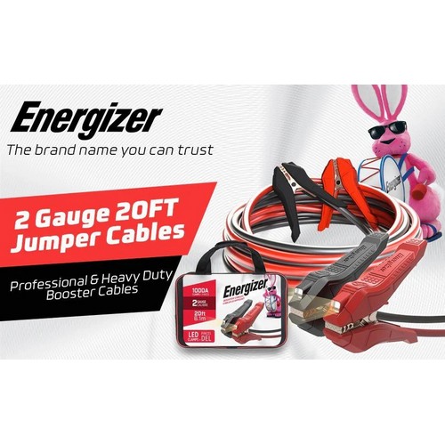 (image for) Energizer, ENL220, 2 Gauge 20 Foot booster battery cables WITH LED LIGHTED CLAMPS. Industrial grade copper clad aluminum booster cables, Remains flexible even at -40C, PVC coated insulated clamps, 1000 Amp Capacity