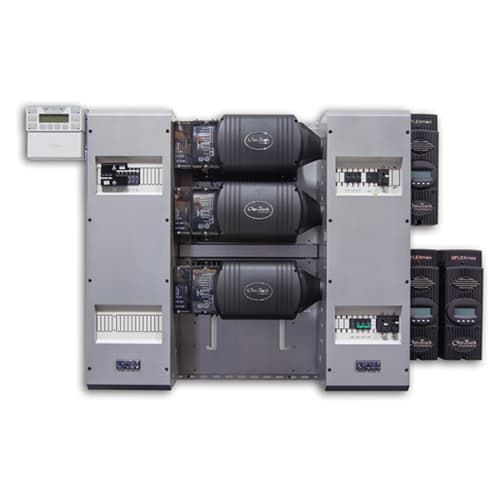 (image for) Outback Power, FP3 FXR2024E, FLEXpower THREE 6 kW, 24 VDC, triple FXR2024E re-wired AC and DC boxes with AC Bypass, 250 Amp DC breakers, PNL-GFDI-80Q and 80 Amp PV breaker, HUB 10.3, RTS, FLEXnet DC, surge protectors plus three FLEXmax 80 MPPT charge controllers, MATE3s and brackets