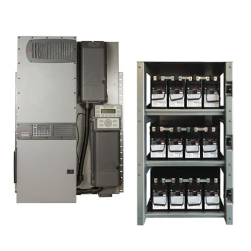 (image for) Outback Power, SE-830PLR-300AFCI, Bundled FPR-8048A-300VDC 8.0 kW FLEXpower Radian with an IBR-3-48-175 battery rack and twelve 200PLR batteries providing 28.8 kWh of nameplate energy storage. Includes one FLEXmax 100 RSD-AFCI rapid shutdown combiner system plus an FWPV6-FH600-SDA combiner.