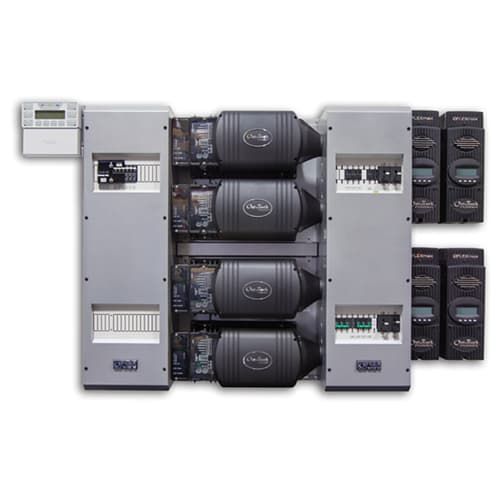 (image for) Outback Power, FP4 VFXR3048E, FLEXpower FOUR 12 kW, 48 VDC solution, quad VFXR3048E, pre-wired AC and DC boxes with AC Bypass, 250 Amp DC breakers, PNL-GFDI-80Q and 80 Amp PV breaker, HUB 10.3, RTS, FLEXnet DC, surge protectors plus four FLEXmax 80 MPPT charge controllers, MATE3s and brackets