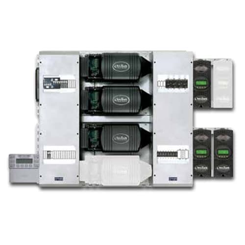 (image for) Outback Power, FP3 VFXR3648A-300, FLEXpower THREE 10.8 kW, 48VDC three-phase solution, triple VFXR3648A-01, pre-wired AC and DC boxes with AC Bypass, 175 Amp DC breakers, 125 Amp charge controller breakers, 80 Amp PV breaker, HUB 10.3, RTS, FLEXnet DC and surge protectors, two FLEXmax 100 MPPT charge controllers, MATE3s and brackets. Listed to UL1741-SA