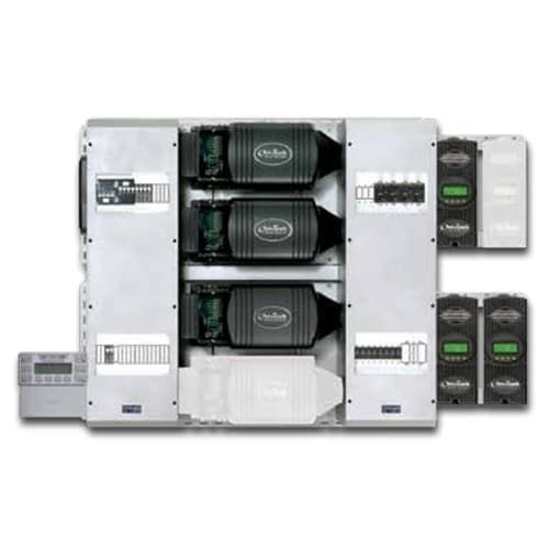 (image for) Outback Power, FP3 VFXR3648A-01, FLEXpower THREE 10.8 kW, 48 VDC solution, triple VFXR3648A-01, pre-wired AC and DC boxes with AC Bypass, 175 Amp DC breakers, PNL-GFDI-80Q and 80 Amp PV breaker, HUB 10.3, RTS, FLEXnet DC and surge protectors, three FLEXmax 80 MPPT charge controllers, MATE3s and brackets. Listed to UL1741-SA
