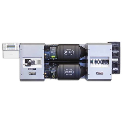 (image for) Outback Power, FP2 FXR2524A-300, FLEXpower TWO 5.0 kW, 24 VDC solution, dual FXR2524A-01, prewired AC & DC boxes with AC bypass 250 Amp DC breakers, 125 Amp charge controller breakers, 80 Amp PV breaker, HUB 10.3, RTS, FLEXnet DC, surge protectors plus two FLEXmax 100 MPPT controllers, MATE3s and brackets. Listed to UL1741-SA