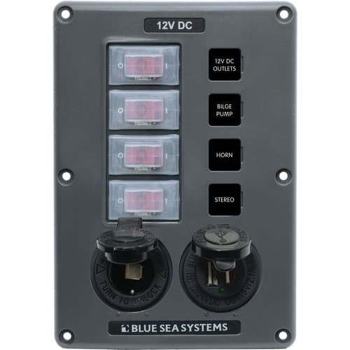 (image for) Blue Sea Systems, 4321, Water-Resistant Circuit Breaker Switch Panel - Gray, 4 pos. + 12 Volt Socket and Dual USB Charger