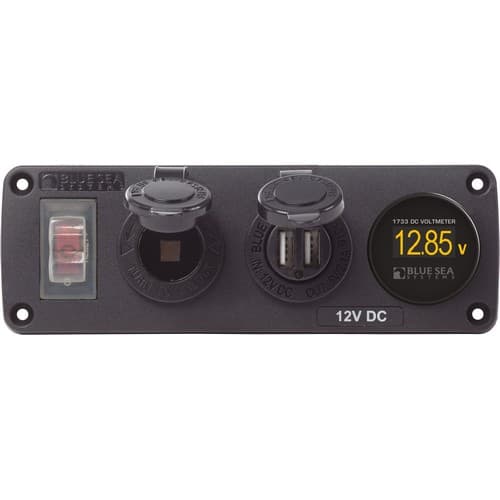 (image for) Blue Sea Systems, 4366, Water-Resistant USB Accessory Panel - Circuit Breaker, 12V Socket, Dual USB Charger, Mini Voltmeter