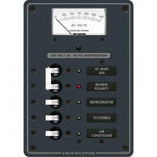 (image for) Blue Sea Systems, 8043, Traditional Metal Panel - AC Main + 3 Positions, AC Voltmeter