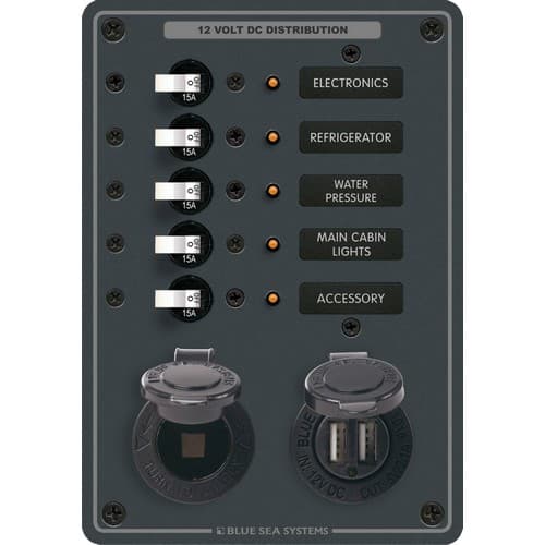 (image for) Blue Sea Systems, 8120, Traditional Metal DC Panel - 5 positions + DC Socket + USB Charger