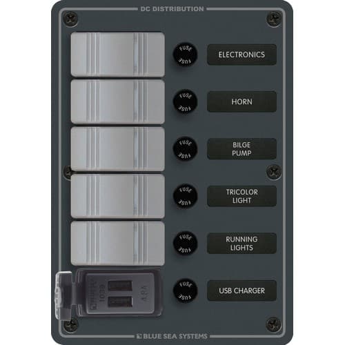 (image for) Blue Sea Systems, 8121, Contura Switch Panel with USB Charger - 5 Position Slate Gray