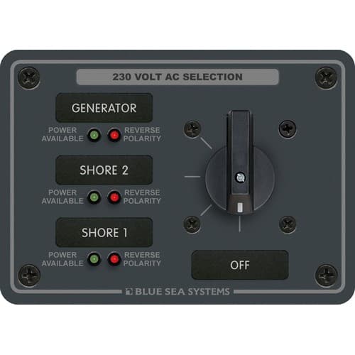 (image for) Blue Sea Systems, 8358, AC Rotary Switch Panel 30 Ampere 3 positions + OFF, 2 Pole