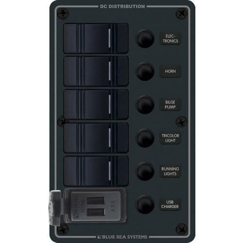 (image for) Blue Sea Systems, 8521, Contura Circuit Breaker Switch Panel with USB Charger - 5 Position Black