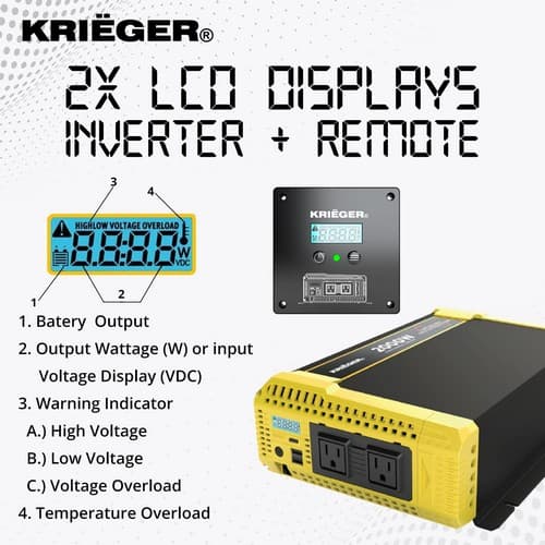 Krieger 2000 Watt 12V Pure Sine Power Inverter Dual USB & AC Outlets, Automotive Portable Power for Power Tools, Camping and Car Accessories. ETL