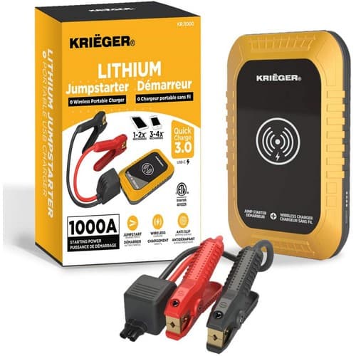 (image for) Krieger, KRJ1000, 1000A Car Jump Starter, 12-Volt Power Bank Lithium Battery, Portable Booster Pack, Jump Start Engines up to 6.0L Gas 3.0L Diesel, Wireless Charger, USB 3.0 QC Port - ETL Certified