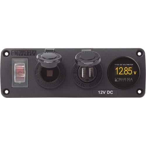 Blue Sea Systems, 4366, Water-Resistant USB Accessory Panel - Circuit Breaker, 12V Socket, Dual USB Charger, Mini Voltmeter