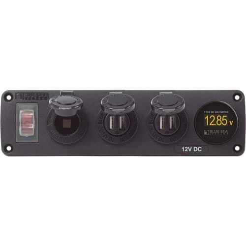 Blue Sea Systems, 4368, Water-Resistant USB Accessory Panel - 12V Socket, 2x 2.1A Dual USB Chargers, Mini Voltmeter