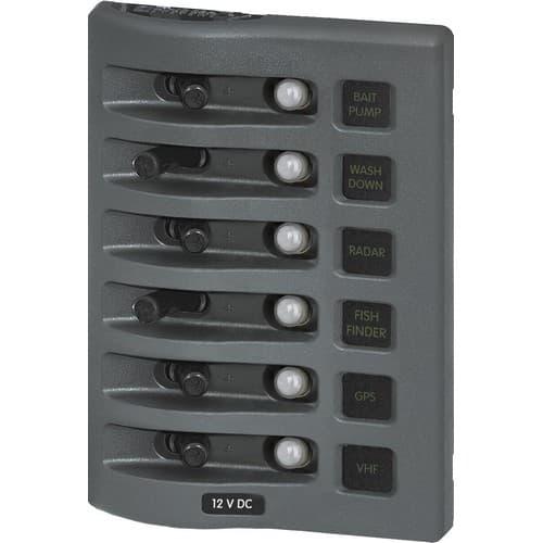 Blue Sea Systems, 4376, WeatherDeck 12V DC Waterproof Circuit Breaker Panel - Gray 6 Positions