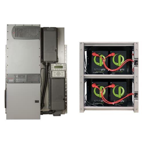 Outback Power, SE-420PLR-300AFCI, Bundled FPR-4048A-300VDC 4.0 kW FLEXpower Radian with an IBR-2-48-175 battery rack and eight 200PLR batteries providing 19.2 kWh of nameplate energy storage. Includes one FM100 RSD-AFCI rapid shutdown combiner system.