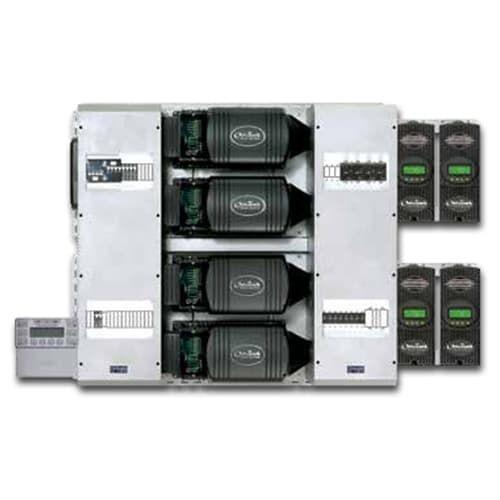 Outback Power, FP4 FXR3048A-300, FLEXpower FOUR 12 kW, 48 VDC solution, quad FXR3048A-01, pre-wired AC and DC boxes with AC Bypass, 175 Amp DC breakers, 125 Amp charge controller breakers, 80 Amp PV breaker, HUB 10.3, RTS, FLEXnet DC, surge protectors, two FLEXmax 100 MPPT charge controllers, MATE3s and brackets. Listed to UL1741-SA