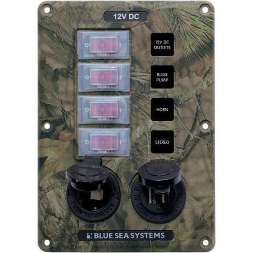 Blue Sea Systems, 4324, Water-Resistant Circuit Breaker Switch Panel - Camo, 4 pos. + 12 Volt Socket and Dual USB Charger