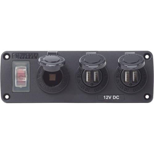 Blue Sea Systems, 4365, Water-Resistant Accessory Panel - 15A Circuit Breaker, 12V Socket, 2x 2.1A Dual USB Chargers