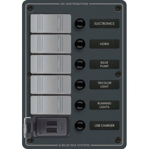 Blue Sea Systems, 8121, Contura Switch Panel with USB Charger - 5 Position Slate Gray