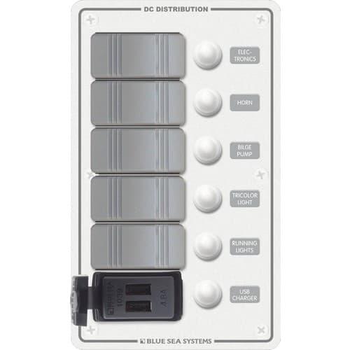 Blue Sea Systems, 8421, Contura Circuit Breaker Switch Panel with USB Charger - 5 Position White