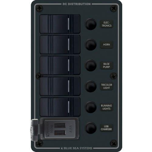 Blue Sea Systems, 8521, Contura Circuit Breaker Switch Panel with USB Charger - 5 Position Black