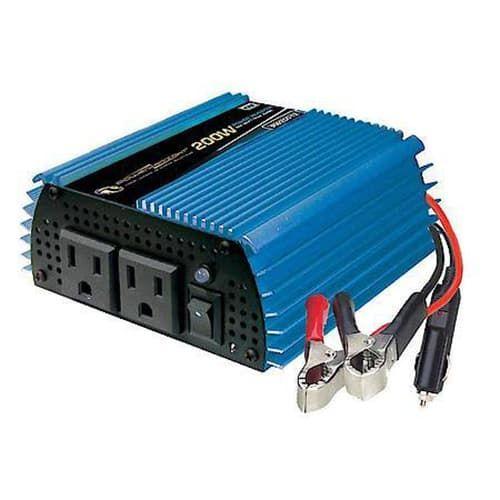 Power Bright, PW200-12, 12V 200W continuous / 400W peak, modified wave inverter, dual AC outlet, low voltage, overload & temperature protection, cig lighter plug & hard wire kit included, 1 year warranty