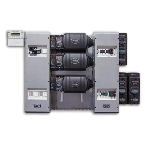 Outback Power, FP3 FXR2024E, FLEXpower THREE 6 kW, 24 VDC, triple FXR2024E re-wired AC and DC boxes with AC Bypass, 250 Amp DC breakers, PNL-GFDI-80Q and 80 Amp PV breaker, HUB 10.3, RTS, FLEXnet DC, surge protectors plus three FLEXmax 80 MPPT charge controllers, MATE3s and brackets