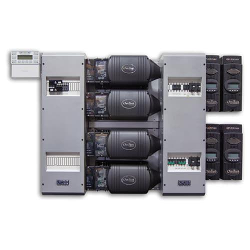 Outback Power, FP4 FXR2348E, FLEXpower FOUR 9.2 kW, 48 VDC solution, quad VFXR2348E, pre-wired AC and DC boxes with AC Bypass, 250 Amp DC breakers, PNL-GFDI-80Q and 80 Amp PV breaker, HUB 10.3, RTS, FLEXnet DC, surge protectors plus four FLEXmax 80 MPPT charge controllers, MATE3s and brackets