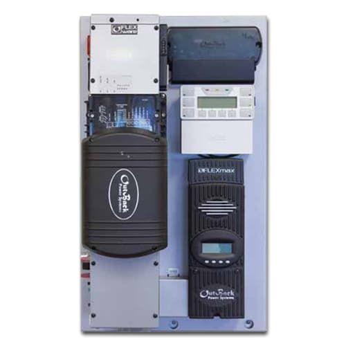 Outback Power, FP1 VFXR3524A-01, FLEXpower One 3.5 kW, 24 VDC solution, single VFXR3524A-01, prewired AC and DC boxes with 120 VAC Bypass, NEMA 5-20R GFCI Outlet, 250 Amp DC breaker, GFDI, 80 Amp PV breaker, Mate3s, HUB 10.3, RTS, FLEXmax 80, FLEXnet DC and surge protector. Listed to UL1741-SA
