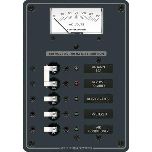 Blue Sea Systems, 8043, Traditional Metal Panel - AC Main + 3 Positions, AC Voltmeter
