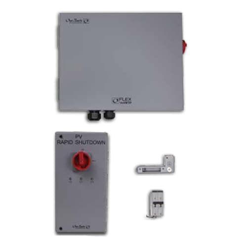 Outback Power, ICSPLUS-4, ICS Plus PV rapid shutdown and AFCI system package for battery-based PV systems. Compatible with up to twenty-four strings of PV source circuits (four charge controllers). Includes four FWPV6-FH600-SDA combiner boxes, one RSI, one BKR-CTRL-DC and one PNL-75Q-DC-RT.
